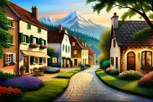 photo wallpaper the sky, mountains, flowers, houses, trees, road, village, sunset,. AI-Generated