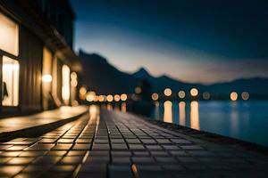 a long walkway along the water with lights on it. AI-Generated photo