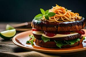 a hamburger with noodles and tomatoes on top. AI-Generated photo