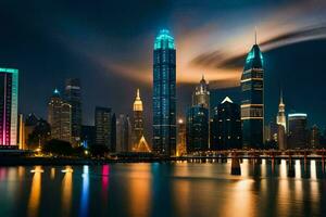 el ciudad horizonte a noche con luces reflejando apagado el agua. generado por ai foto