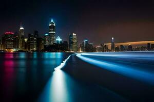 un largo exposición fotografía de el ciudad horizonte a noche. generado por ai foto