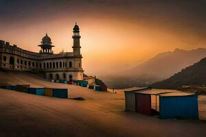 el puesta de sol terminado el montañas y un mezquita. generado por ai foto