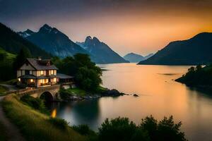 un casa se sienta en el lado de un montaña con vista a un lago. generado por ai foto