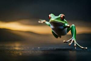 a frog jumping in the air with its legs spread. AI-Generated photo