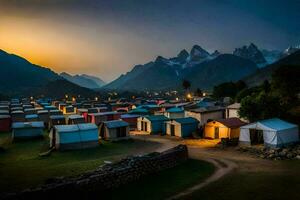 a group of tents in the mountains at dusk. AI-Generated photo