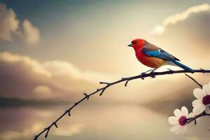 a red bird sits on a branch with a flower. AI-Generated photo