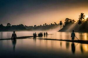 personas pescar en el río a amanecer. generado por ai foto