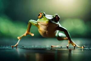 a frog is jumping on the ground. AI-Generated photo