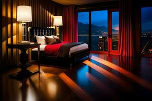 a bedroom with a view of the city at night. AI-Generated photo