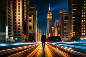 a man walking down the street in the city at night. AI-Generated photo