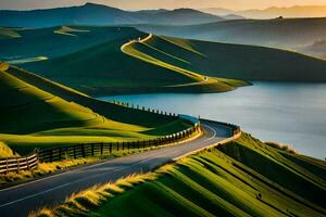 el la carretera a el lago. generado por ai foto