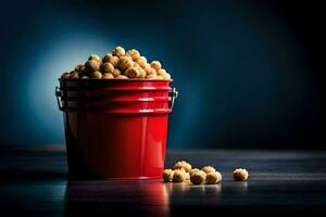 a red bucket filled with peanuts on a dark table. AI-Generated photo