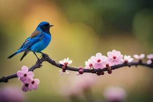 un azul pájaro es encaramado en un rama con rosado flores generado por ai foto