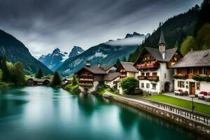 a beautiful mountain village with a river and mountains. AI-Generated photo