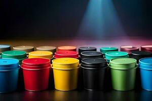 many colorful plastic cups lined up in a row. AI-Generated photo