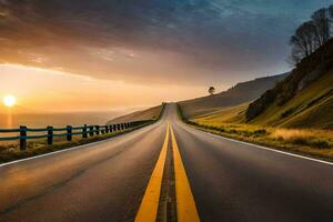 un largo la carretera con el Dom ajuste terminado el montañas. generado por ai foto