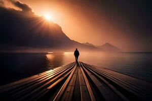 a man stands on a dock looking at the sun. AI-Generated photo