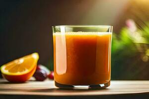 un vaso de naranja jugo en un mesa. generado por ai foto