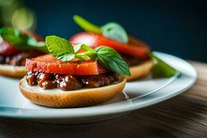 two small sandwiches with tomatoes and basil leaves. AI-Generated photo