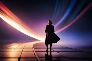 a woman in a long coat stands in front of a long line of light. AI-Generated photo