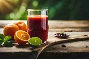 a glass of juice with oranges, lime and a slice of lime. AI-Generated photo