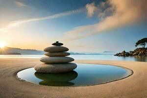 un apilar de piedras en un playa a puesta de sol. generado por ai foto