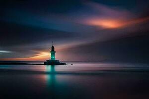 a lighthouse in the middle of the ocean at night. AI-Generated photo