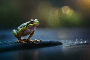 a frog sitting on a rock in the water. AI-Generated photo
