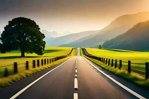 a long road with a fence and trees in the distance. AI-Generated photo