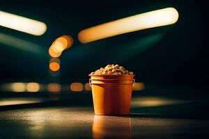 a bucket of popcorn on a table in front of a blurry light. AI-Generated photo