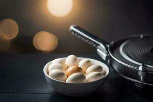 eggs in a bowl next to a pan. AI-Generated photo