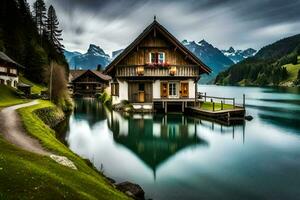 un casa se sienta en el borde de un lago. generado por ai foto