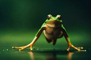 a frog is standing on its hind legs. AI-Generated photo