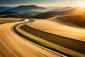 the sun is setting over a winding road in the countryside. AI-Generated photo