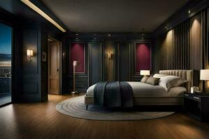 a bedroom with a large bed and dark wood walls. AI-Generated photo