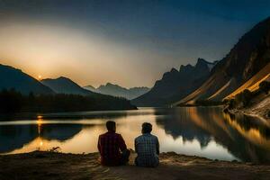 the couple is sitting on the ground and looking at the lake. AI-Generated photo