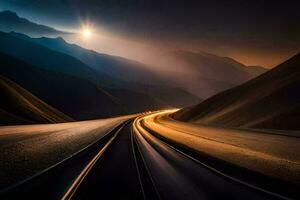 un largo exposición fotografía de un la carretera en el montañas. generado por ai foto