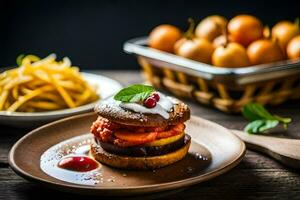 a plate with a burger and fries on it. AI-Generated photo