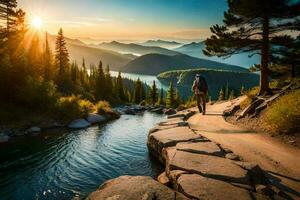 un caminante camina a lo largo un camino en el montañas a puesta de sol. generado por ai foto