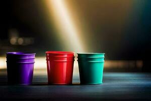 three colorful plastic cups on a table. AI-Generated photo