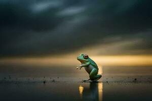 a frog standing on its hind legs on a beach. AI-Generated photo