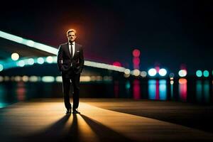 a man in a suit stands on a dock at night. AI-Generated photo