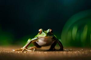 un rana es sentado en el suelo en frente de un verde antecedentes. generado por ai foto