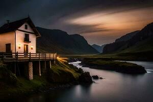 a house sits on a hill overlooking a river. AI-Generated photo