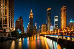 the chicago river at night. AI-Generated photo