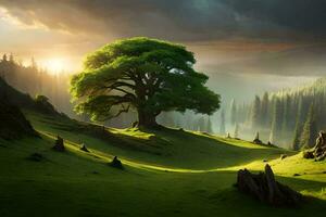 foto fondo de pantalla el cielo, árboles, césped, montañas, amanecer, árbol, amanecer, el Dom. generado por ai