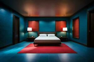 a bedroom with blue walls and red accents. AI-Generated photo