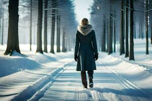 a woman in a coat walking through a snowy forest. AI-Generated photo