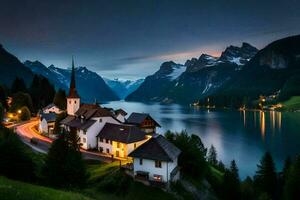 un pueblo se sienta en el borde de un lago a noche. generado por ai foto