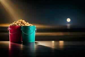 two buckets of peanuts sit on a table in front of a full moon. AI-Generated photo